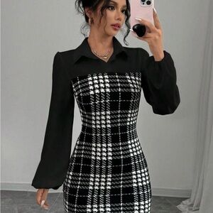 Elegant Black and White Plaid Dress
